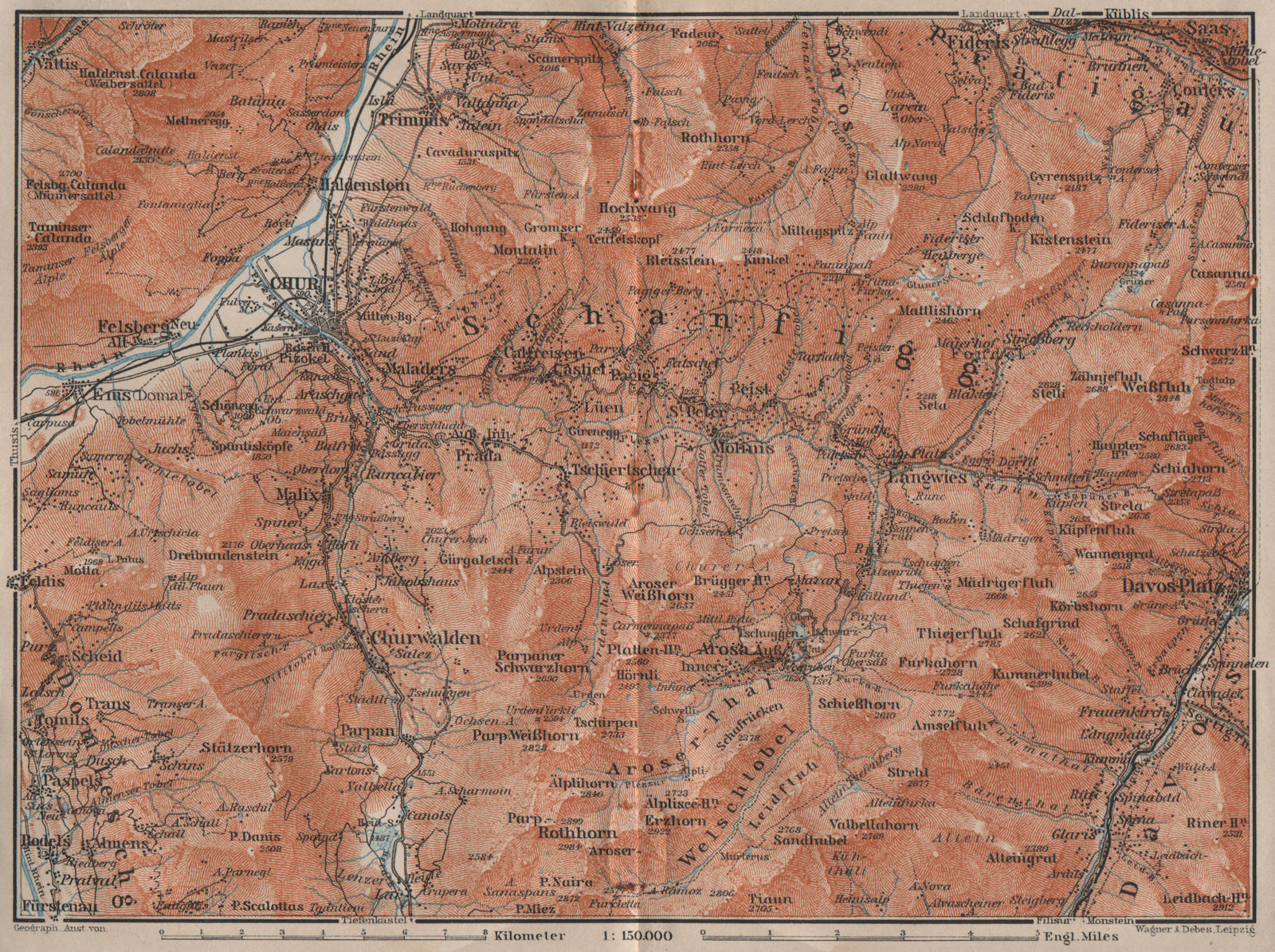 COIRE/CHUR SCHANFIGG AROSA ENVIRONS. Davos Klosters Lenzheide Trimnns 1911 map